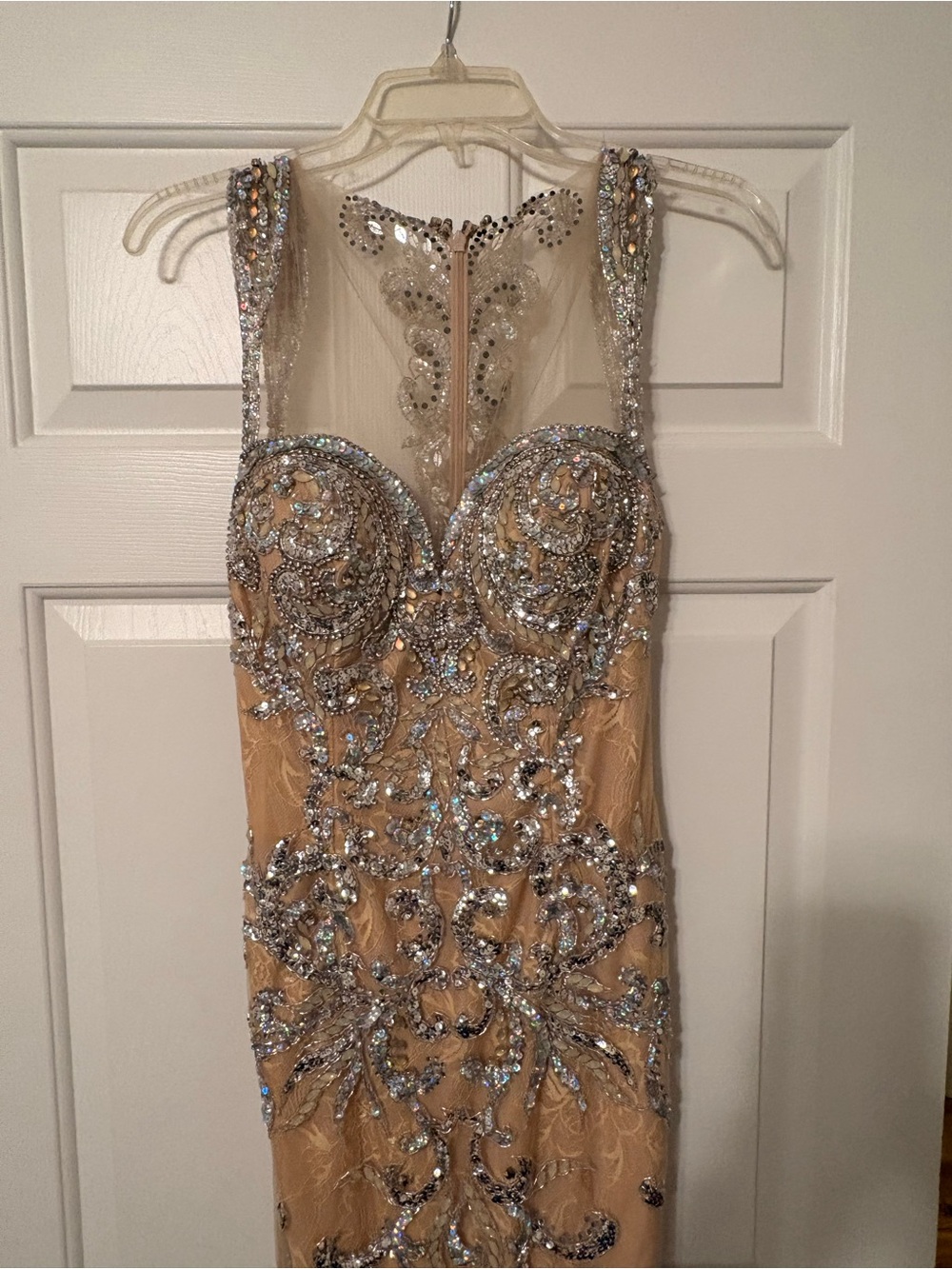 Nude Beaded Pageant Dress with Silver Sequin Embellishment